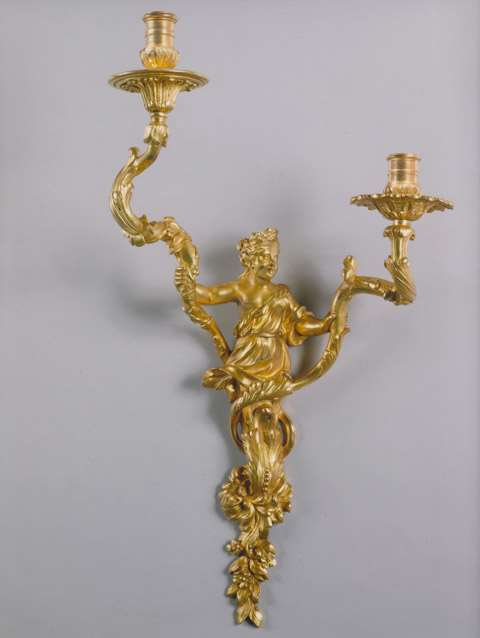 A RARE PAIR OF GILT BRONZE TWO BRANCH WALL LIGHTS